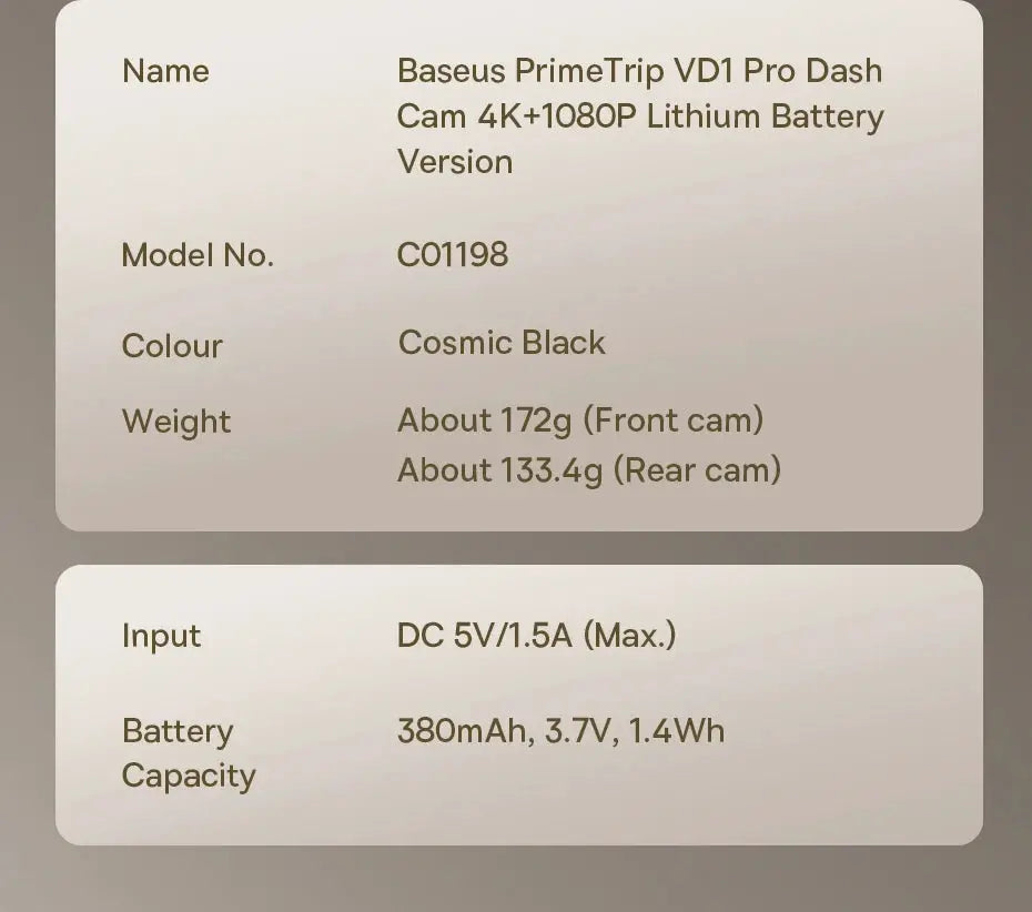 Baseus PrimeTrip VD1 Pro Dash Cam Cosmic Black by Simples Market; front and rear cam specs