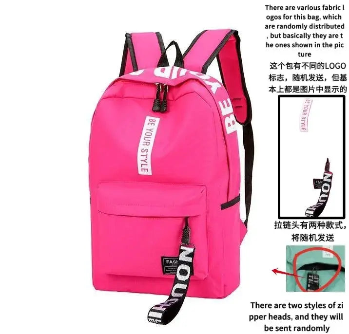 Pink backpack by Simples Market, fashion-trend student bag with large capacity, front pocket, white BE YOUR STYLE strap