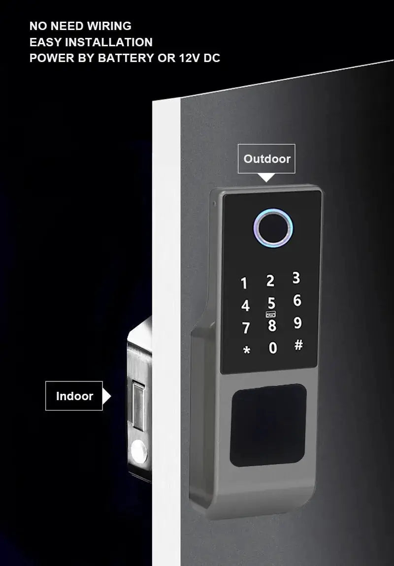 Fingerprint smart door lock with numeric keypad and fingerprint sensor, gray body, outdoor waterproof
