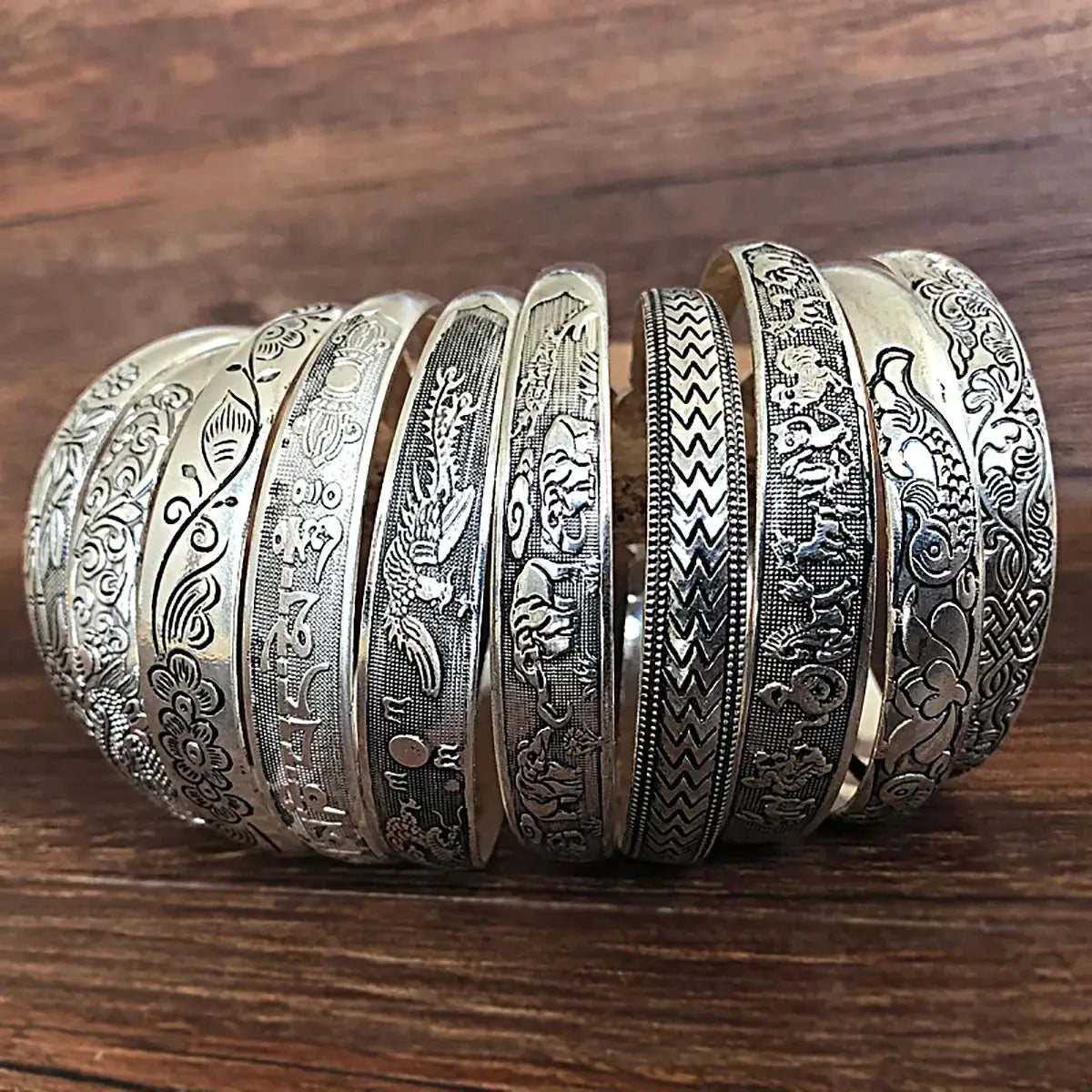 New Retro Tibetan Silver Cuff Bracelets With Carved Fish Elephant And Flower Motifs Vintage Gypsy Jewelry For Women