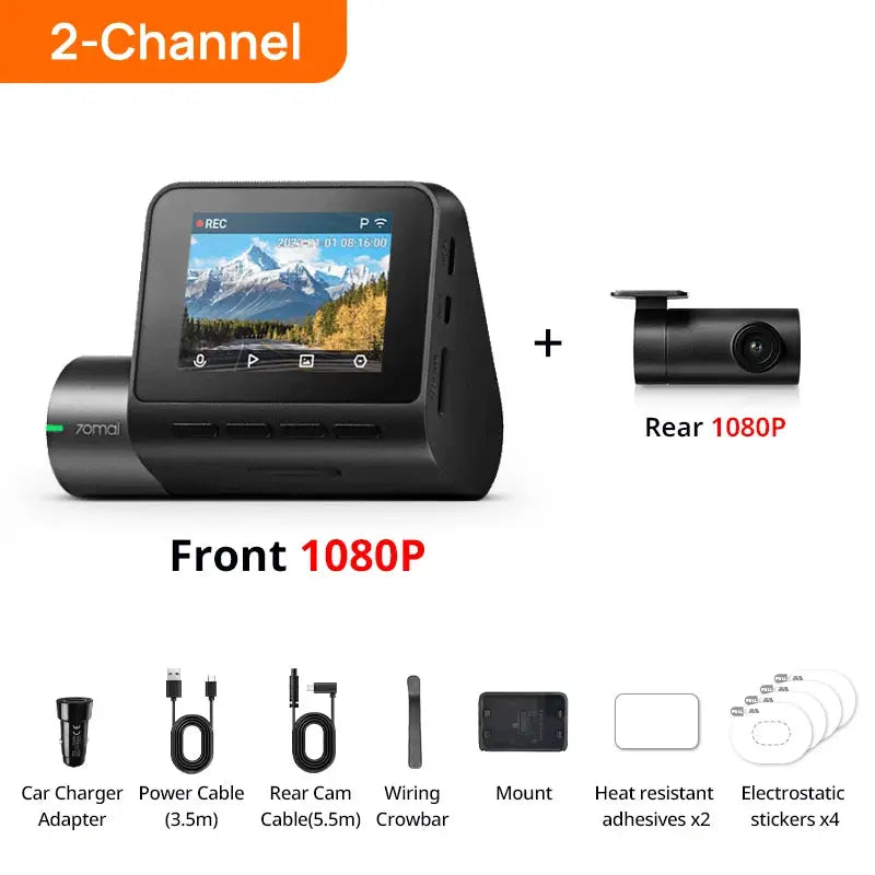 70mai A200 dual-channel dash cam with front/rear 1080P, 2'' IPS screen; includes charger, cables, mount, adhesives
