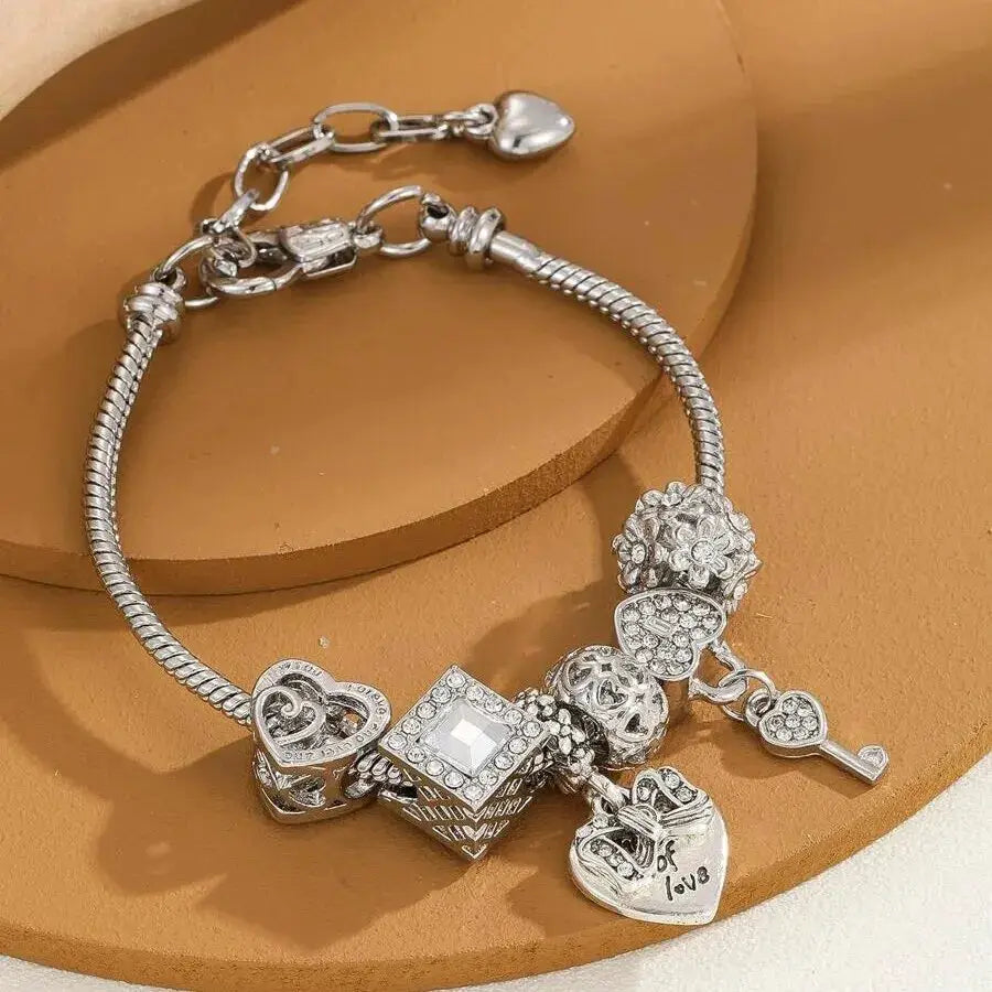 Obega Love Heart Flower Glass Pendant Charm Bracelet Pink White Crystal Stone Adjustable Bead Jewelry Silver Gold Color