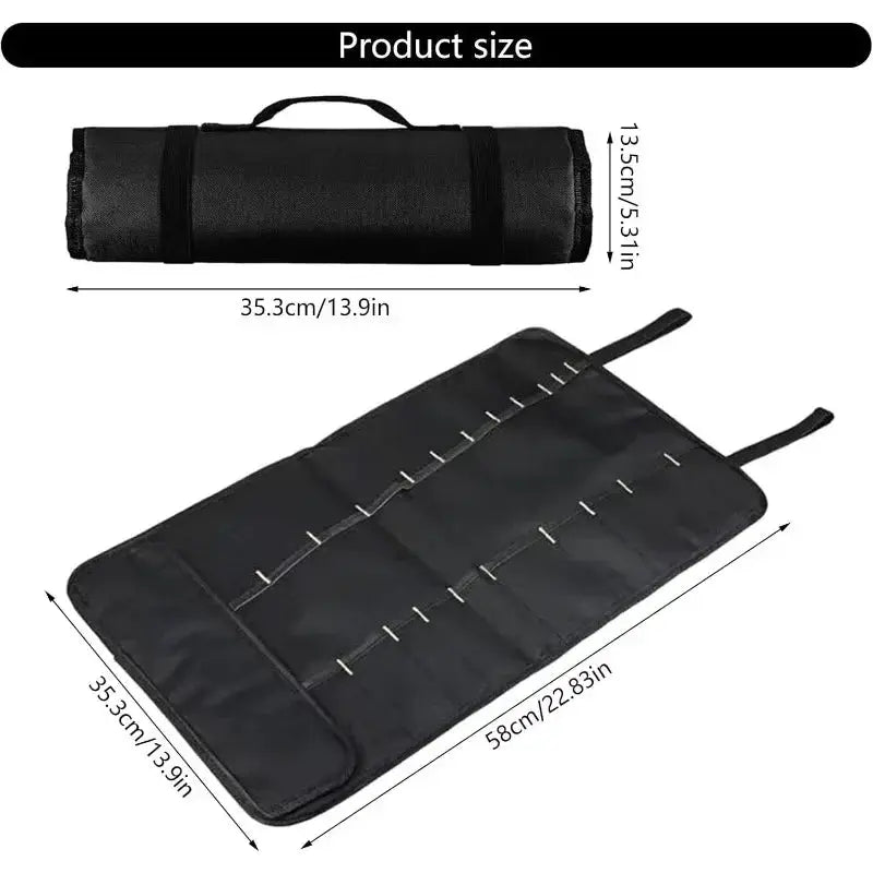 Roll tool bag and folding tool organizer, black nylon, Simples Market 2-piece set with multiple pockets