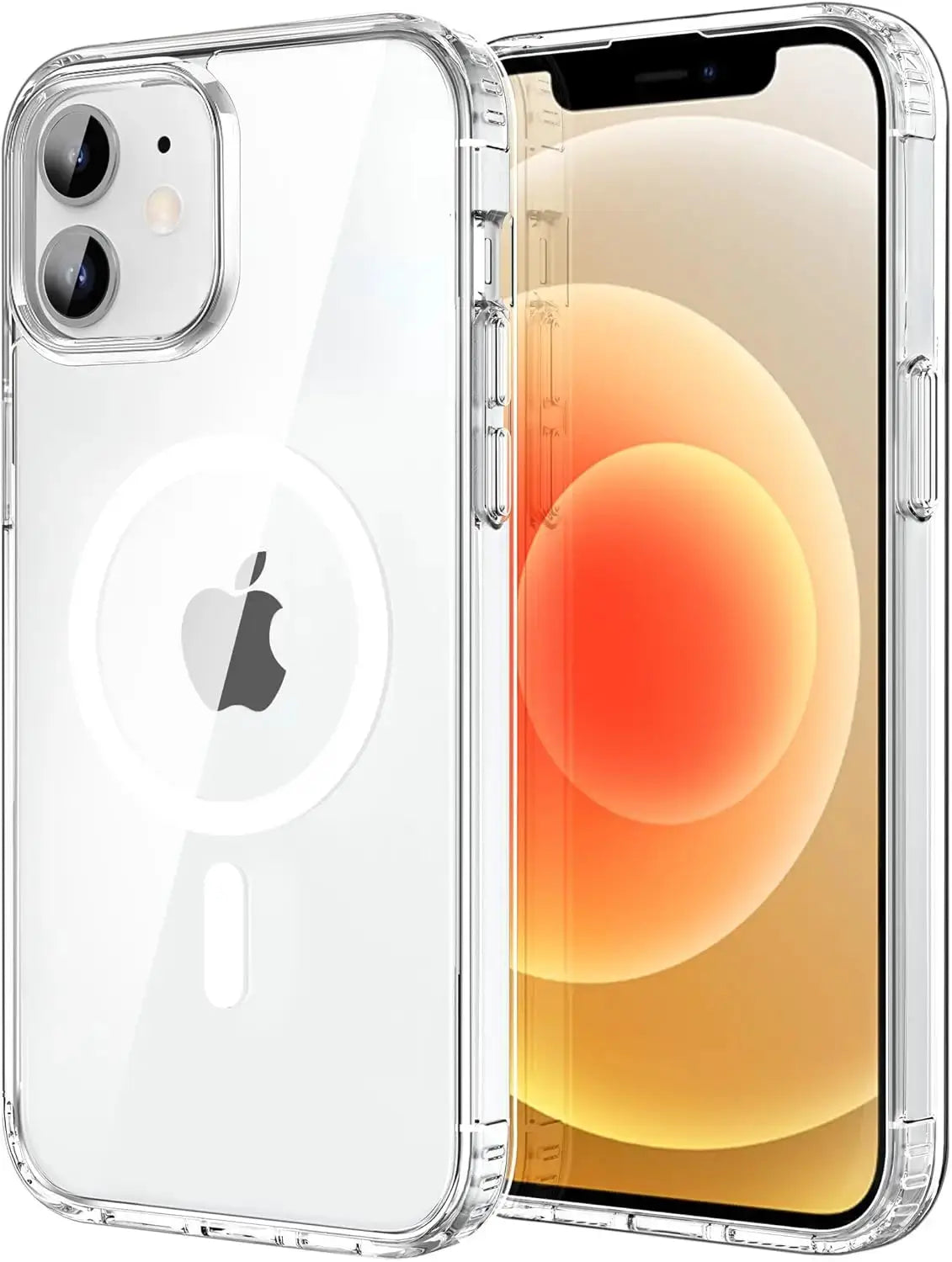 Transparent MagSafe iPhone case for 12–17 series shown on two iPhones, clear protective cover