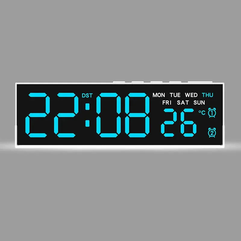 USB-powered digital alarm clock with white frame and blue LED display showing time and temperature