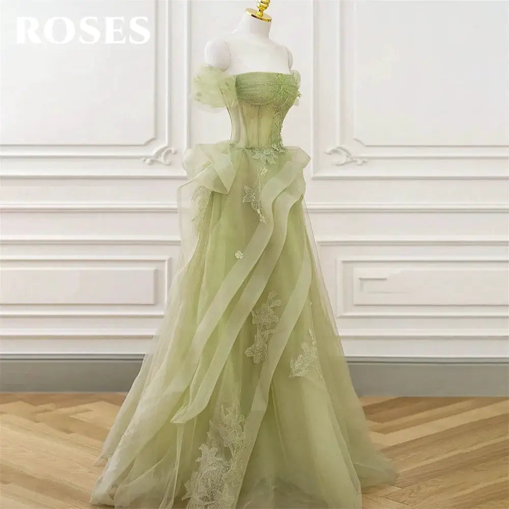 Roses Sage Green Prom Dress Appliques Tulle Tiered Pleats Sweetheart