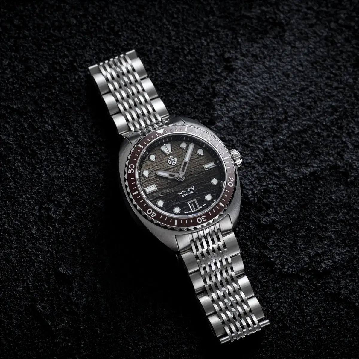 IXDAO IPOSE 2026 men's stainless steel automatic dive watch with Poseidon pattern dial and stainless steel bracelet