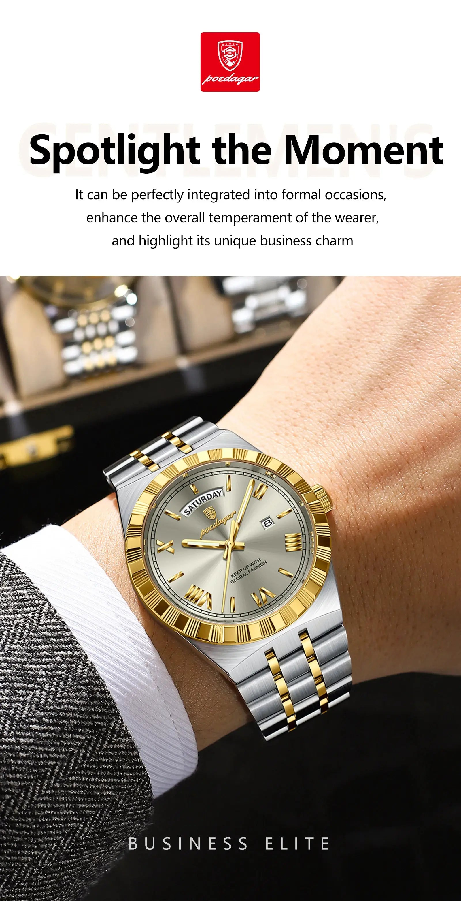 POEDAGAR men's two-tone stainless steel wristwatch with gold bezel, silver dial, day/date window