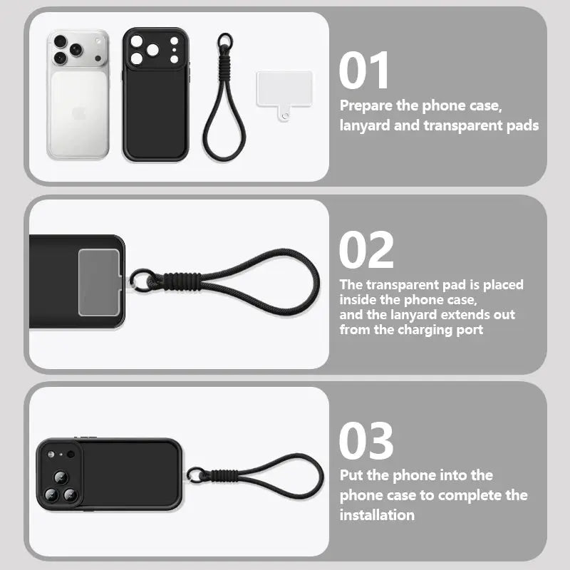 Simples Market wrist-strap TPU phone case for iPhone 11–17 Pro Max; shockproof soft silicone cover with black lanyard