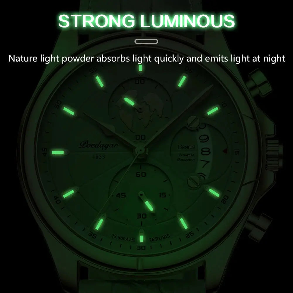 POEDAGAR men's sports chronograph watch with luminous green markers, date, leather strap, waterproof.