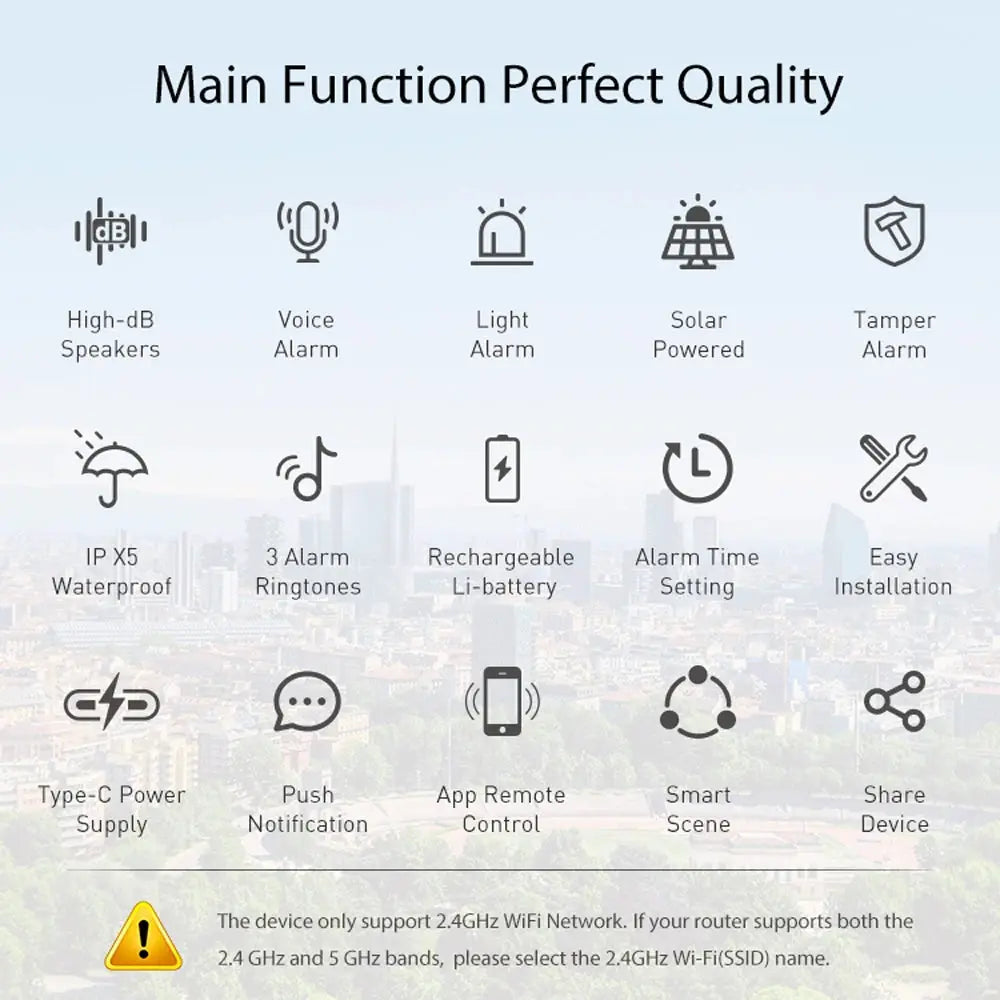 Tuya Smart outdoor siren alarm by Simples Market, Zigbee/WiFi, IPX5 waterproof, solar/USB, 95dB remote control