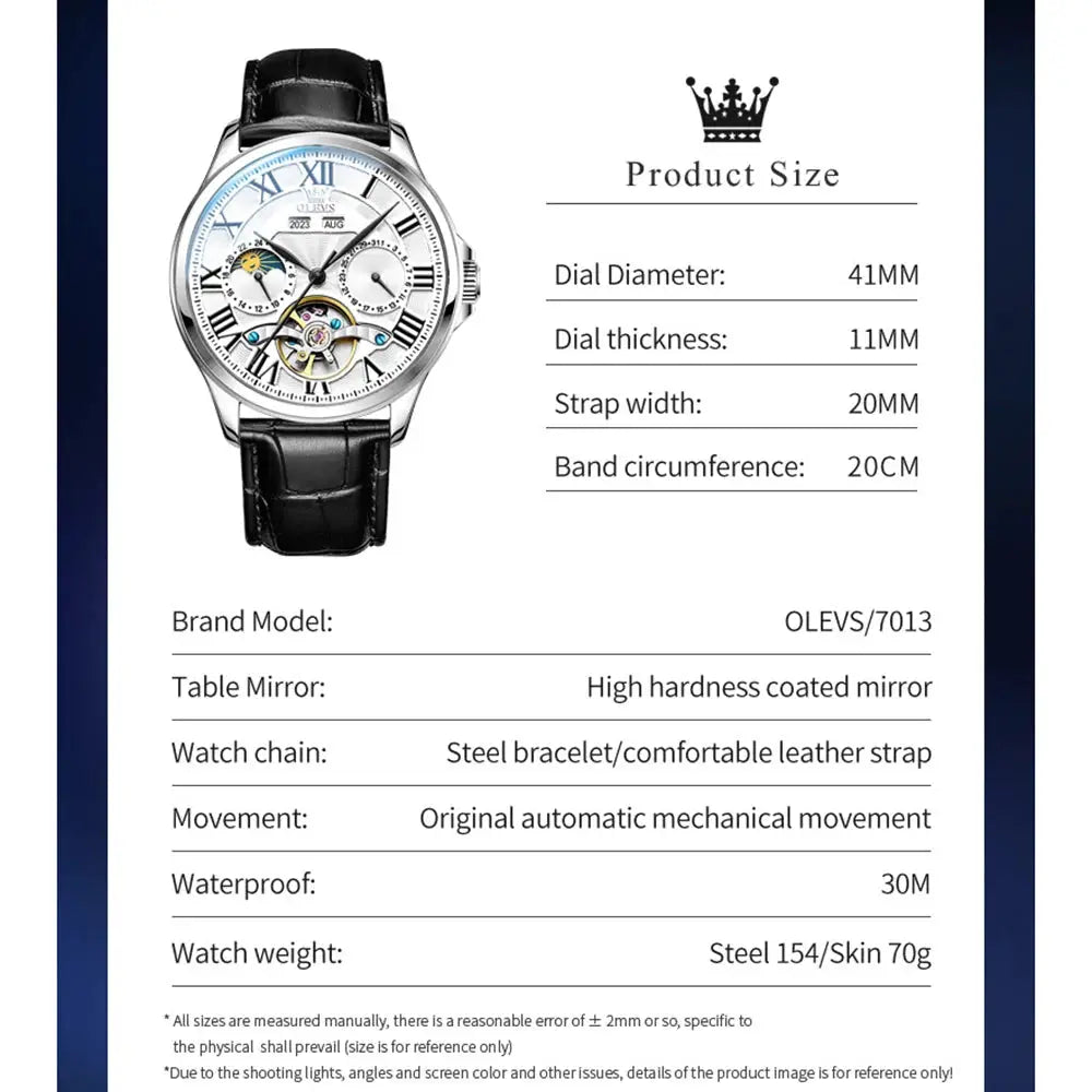 OLEVS 7013 men's moon phase automatic mechanical watch with silver case and black leather strap