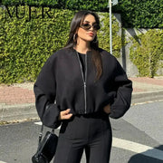 Womens Black Cropped Bomber Jacket With Zipper Varsity Style For Autumn And Winter Warmth Polyester