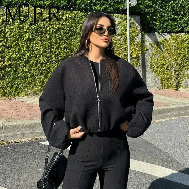 Womens Black Cropped Bomber Jacket With Zipper Varsity Style For Autumn And Winter Warmth Polyester