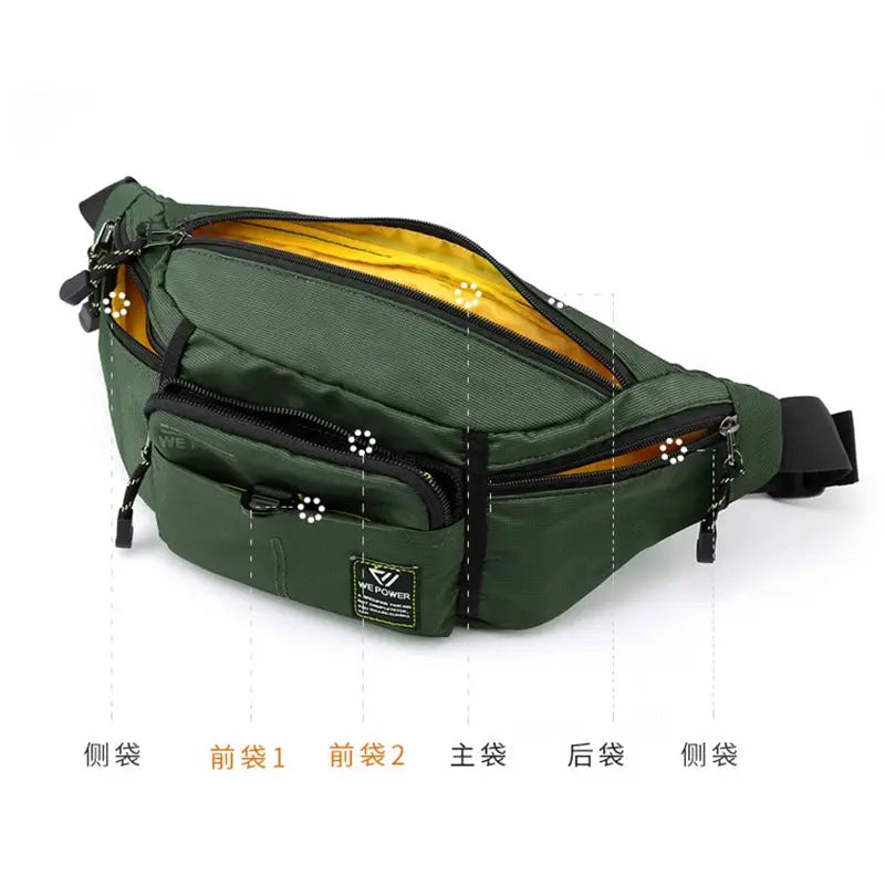 Men's green nylon waist bag with multiple zip pockets and yellow inner lining; adjustable strap