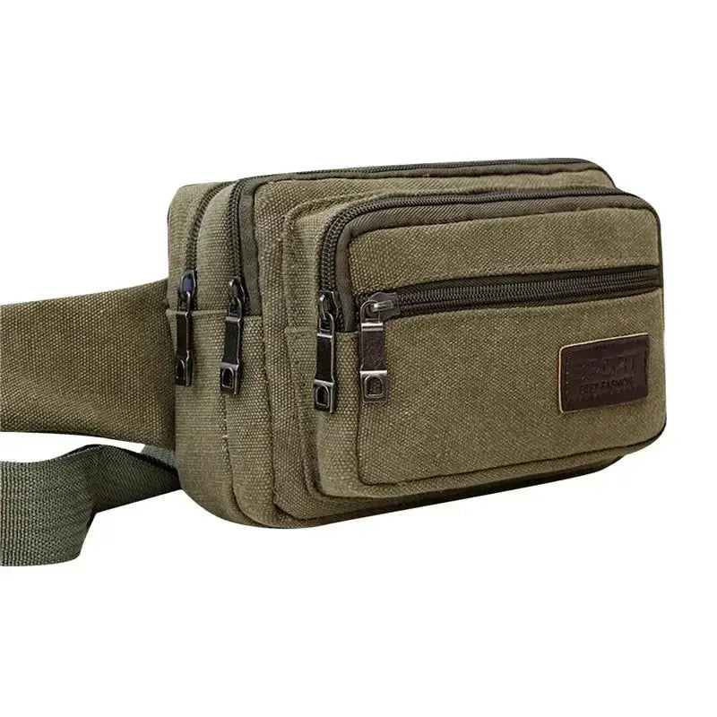 Canvas waist bag Simples Market olive-green with multiple zip pockets and adjustable strap.
