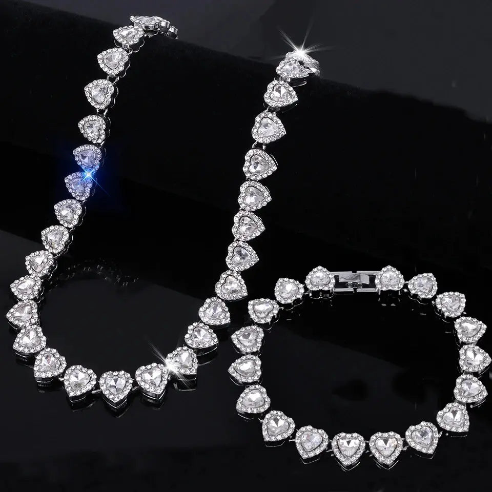 Yupsk 45cm 20cm Shiny Heart Rhinestone Hip Hop Rock Tennis Chain Bracelet Necklace Women Men Trendy Jewelry Set Gift
