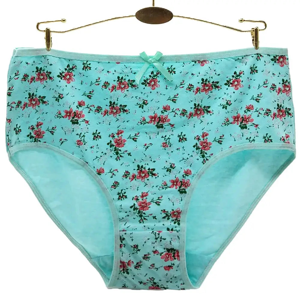 Women's cotton mid-rise floral panties in turquoise with pink roses, bow detail