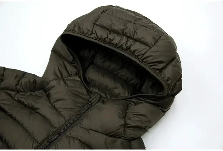 Men's hooded down jacket, dark olive quilted puffer, lightweight 90% white duck down, Simples Market