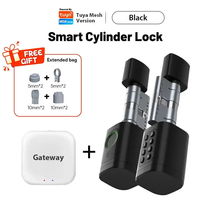 V1 Pro+ Smart Cylinder Lock in black with gateway and two cylinders