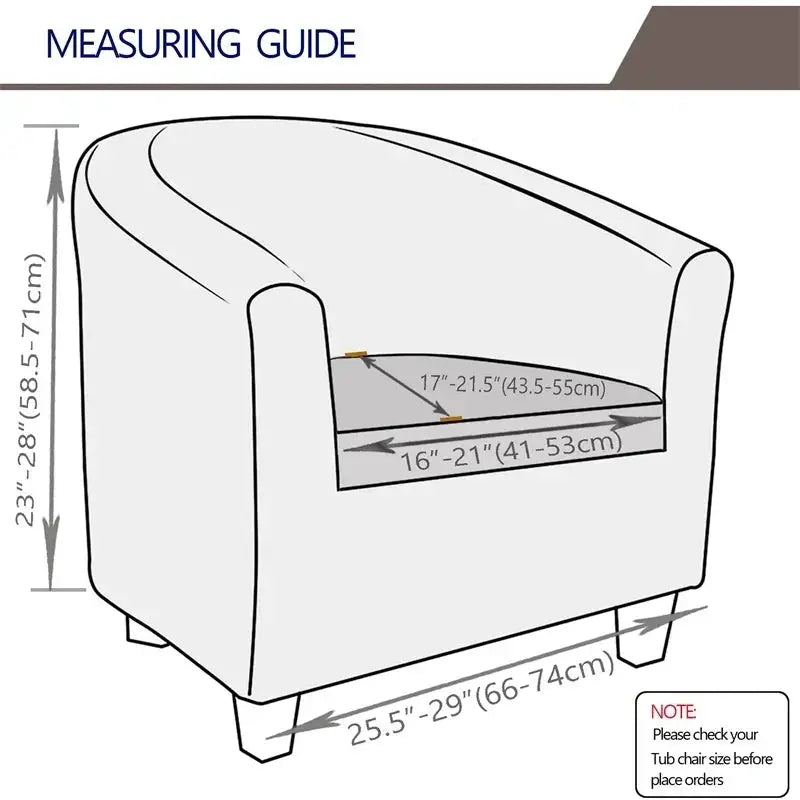 Leaves Jacquard tub chair cover by Simples Market measuring guide with size ranges: width 25.5–29 in, height 23–28 in.
