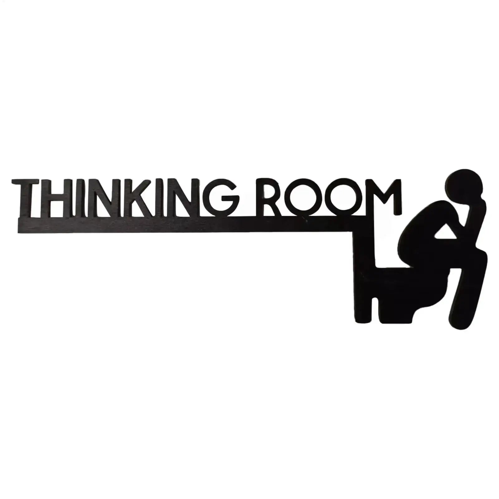 Thinking Room door sign, wood plaque with black lettering and seated figure on a toilet, Simples Market