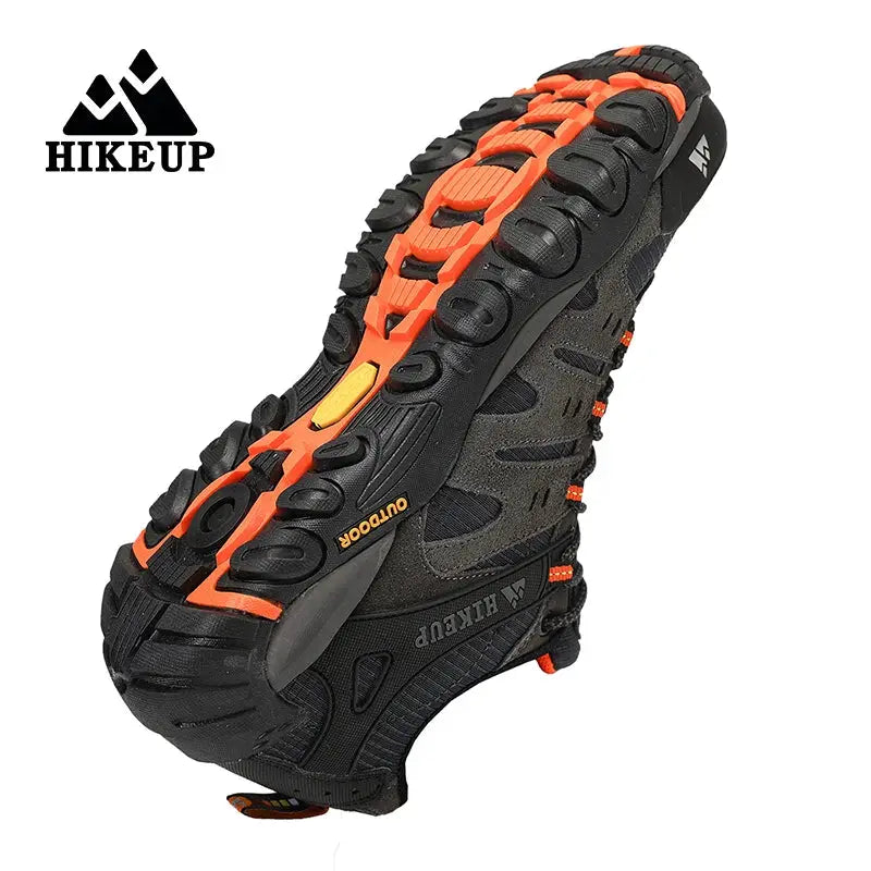 HIKEUP men's hiking shoes, black suede leather upper with orange rugged outsole.