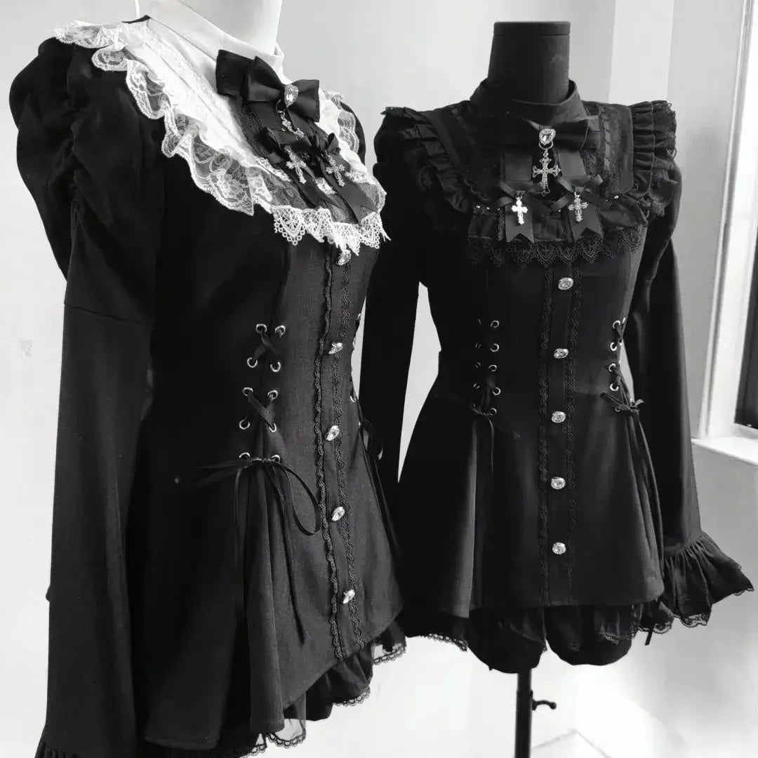 Y2K Lolita Bow Dress Shorts Set Gothic Lace Flare Sleeve Shirt Dress
