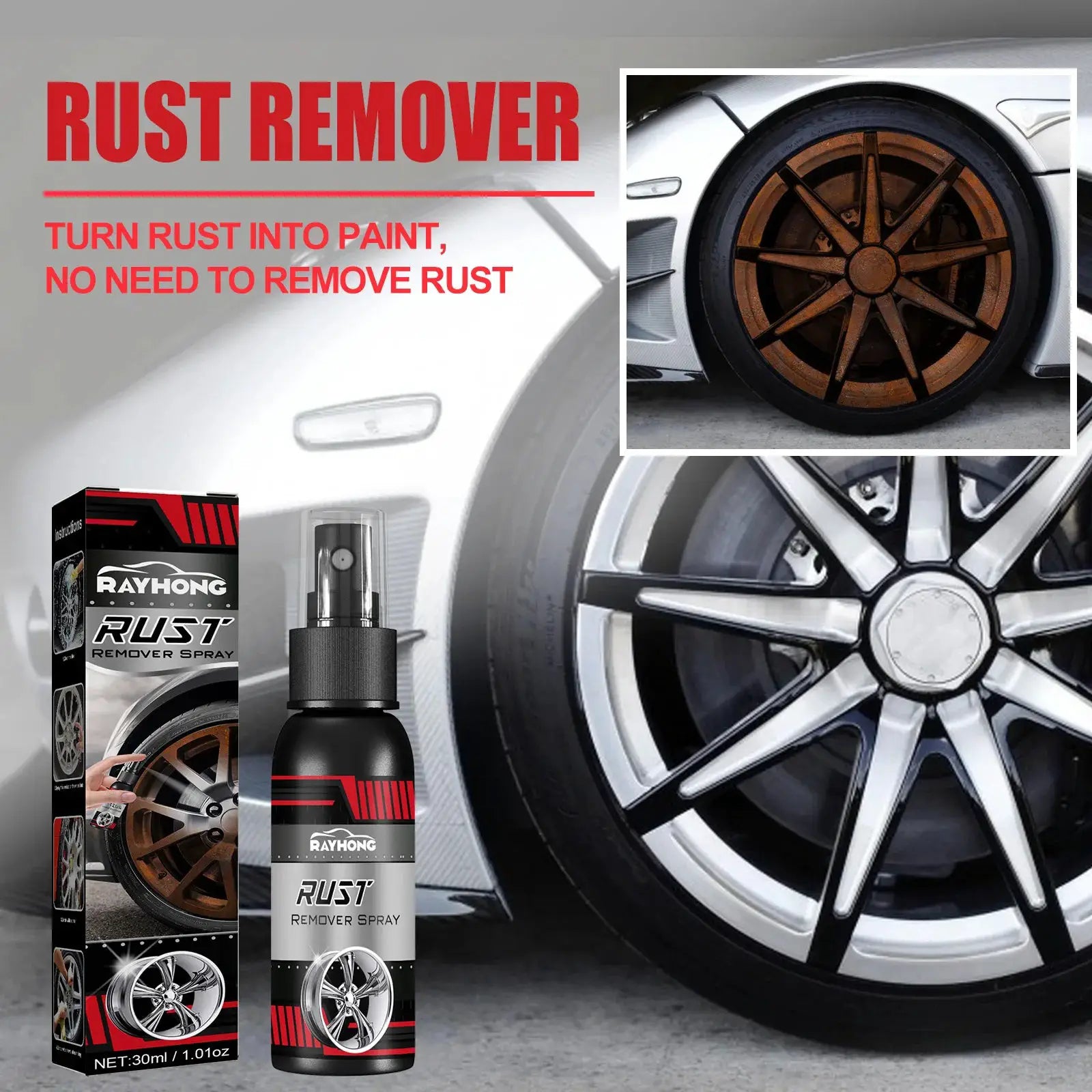Rayhong rust remover spray for car wheels; rusted brown wheel close-up with the product box