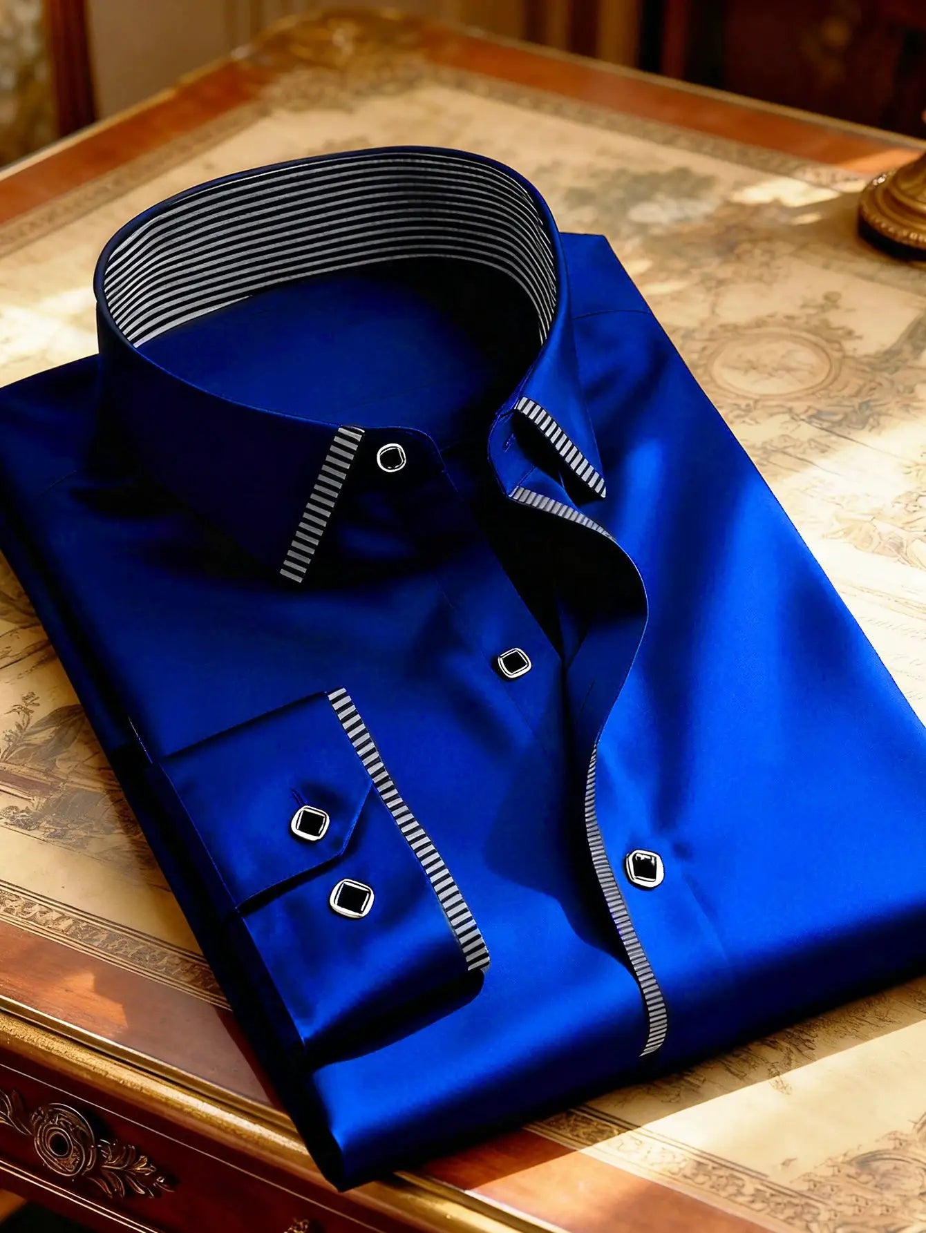 Men's blue patchwork tuxedo shirt with striped inner collar and cuffs by Simples Market