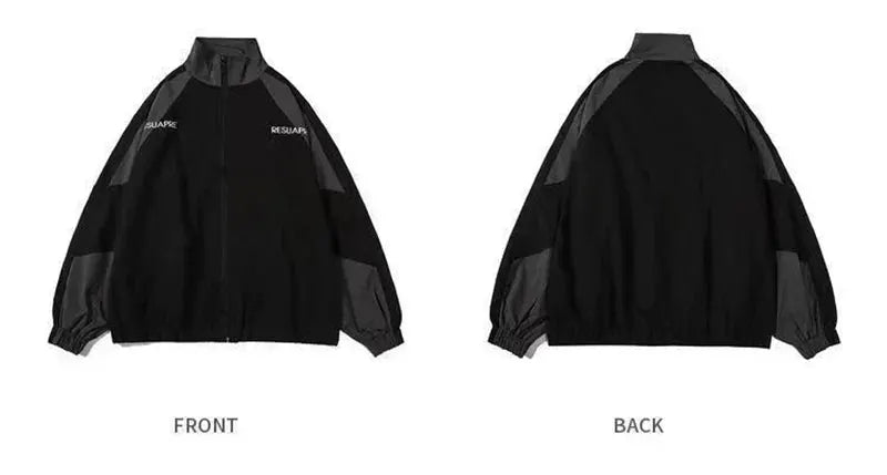 Hip hop varsity windbreaker jacket by Simples Market, black with grey patchwork sleeves, front and back views.
