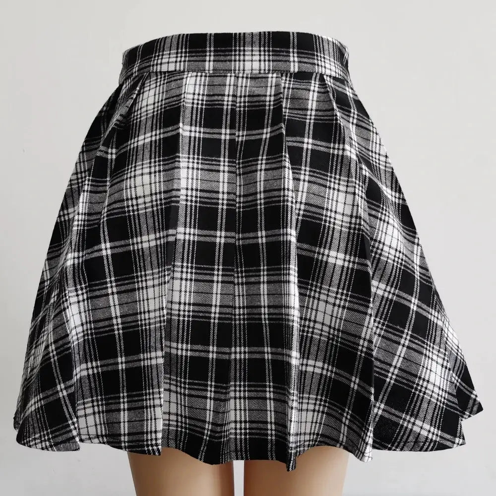 Gothic plaid pleated mini skirt, high-waist, black and white, Simples Market