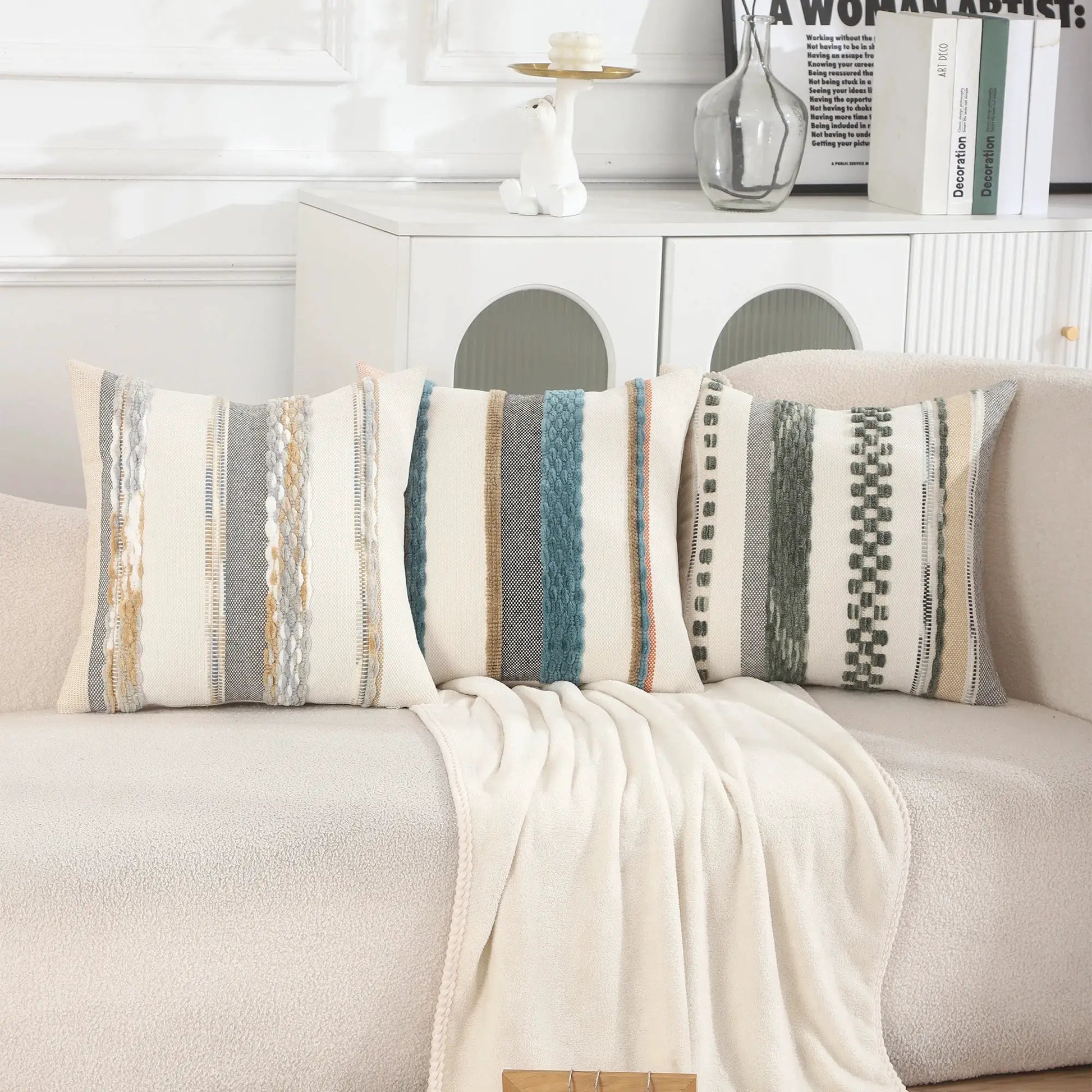 Simples Market 1pc 18x18 beige striped chenille pillow cover