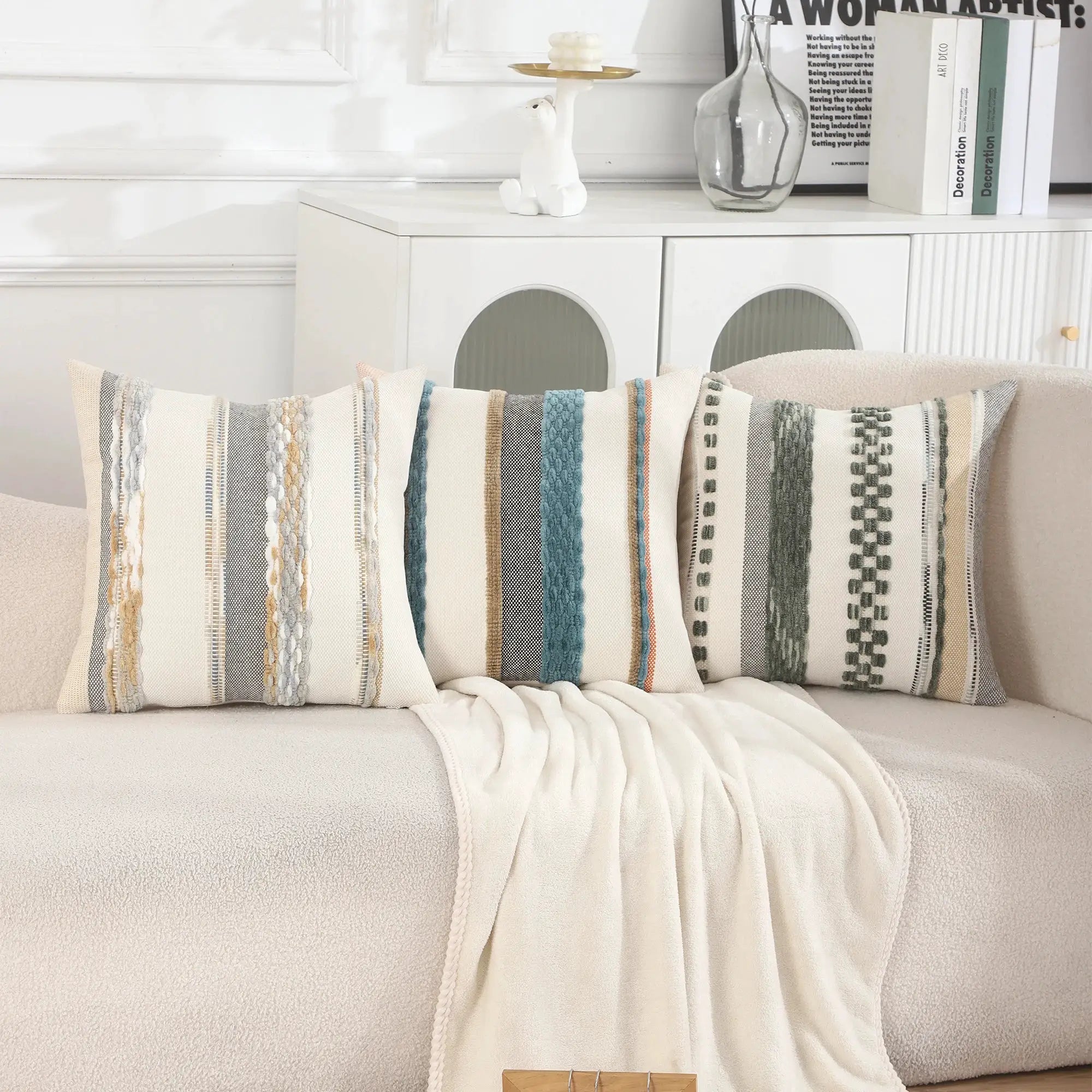 Simples Market 1pc 18x18 beige striped chenille pillow cover
