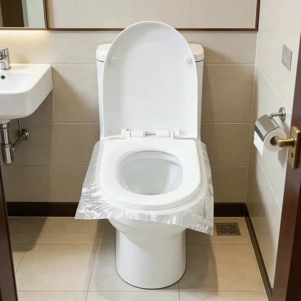 Toilet seat cover with disposable plastic mat on white toilet lid, Simples Market bathroom accessory