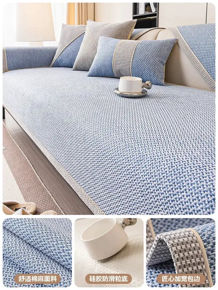 Simples Market blue woven linen sofa cover with matching cushions and beige piping.