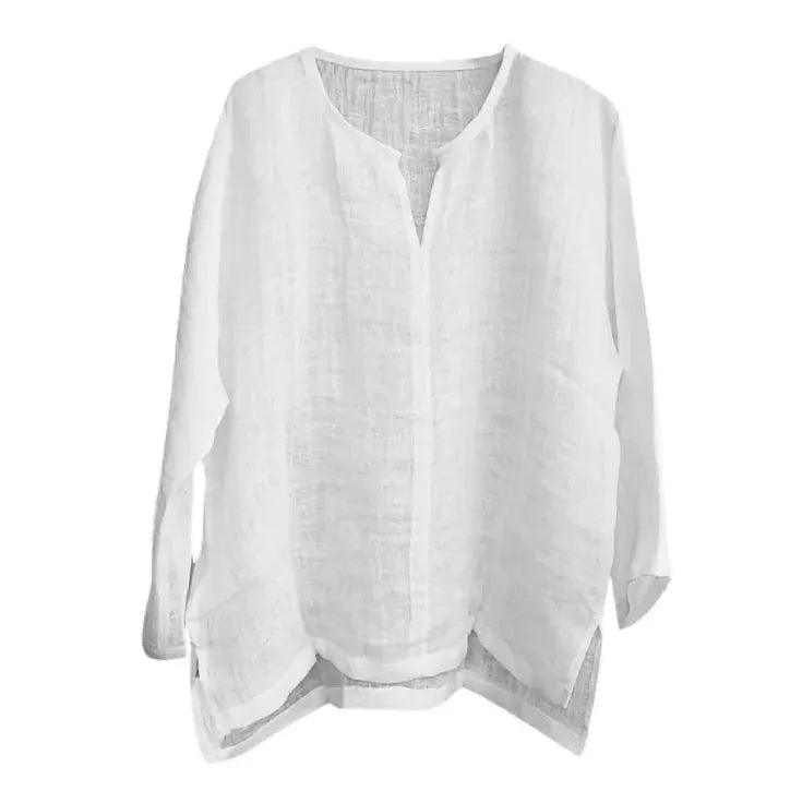 White linen long-sleeve shirt by Simples Market, loose casual V-neck top, sizes S–5XL
