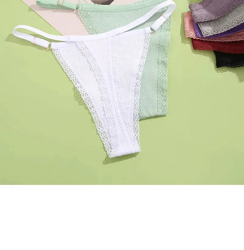 G-string panties, 5-piece set in white with lace trim and pastel colors, cotton, adjustable waist