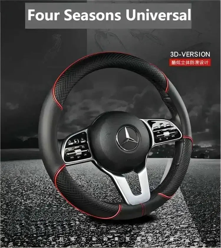 Steering wheel cover, 38cm, microfiber leather, black with red stitching; non-slip