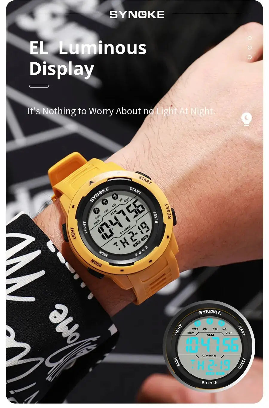 SYNOKE yellow digital men's sports watch with large LCD display and silicone strap