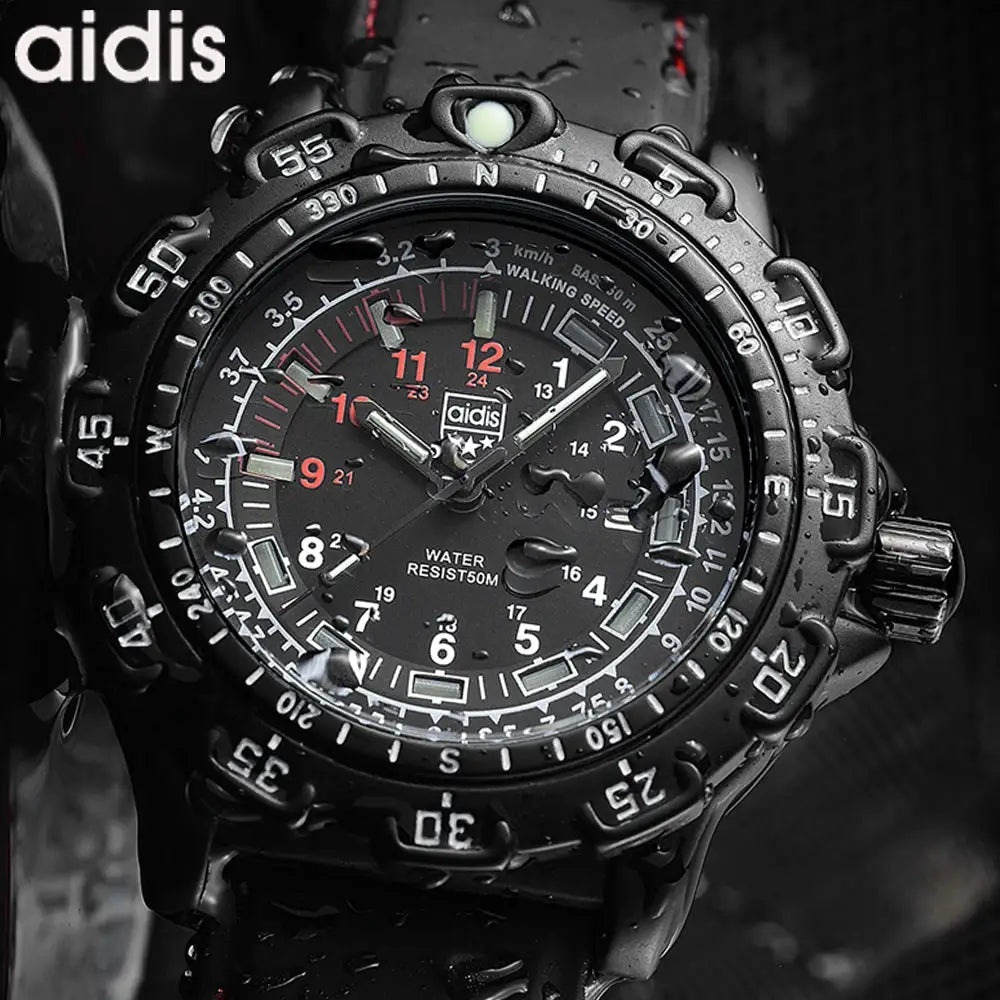Addies military outdoor tactical watch, black rugged quartz with luminous hands, 50m water resistant