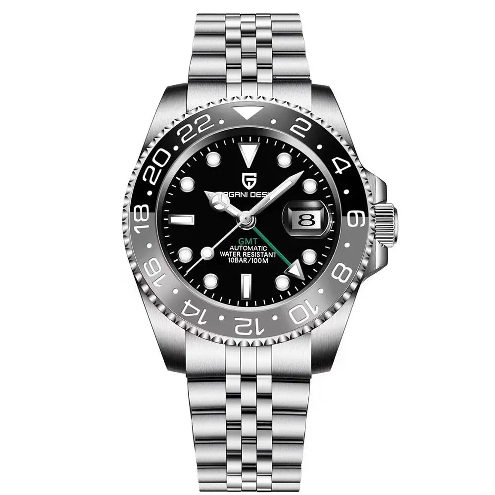 PAGANI DESIGN men's stainless steel GMT watch with black dial and sapphire glass