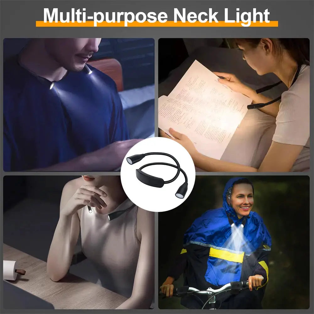LED Reading Neck Light USB rechargeable black neck lamp with 360° flexible arms for hands-free reading at desk