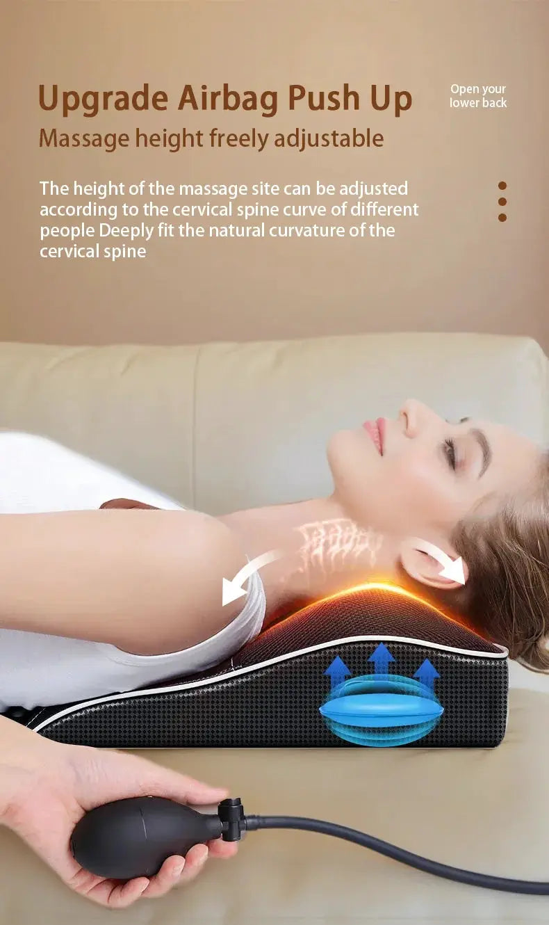 Electric cervical neck pillow massager by Simples Market with heating and airbag traction; remote included, black cover.