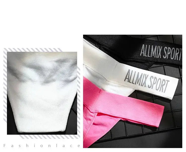 Three thongs with elastic wide waistbands in white, pink, and black; Allmix Sport branding visible.