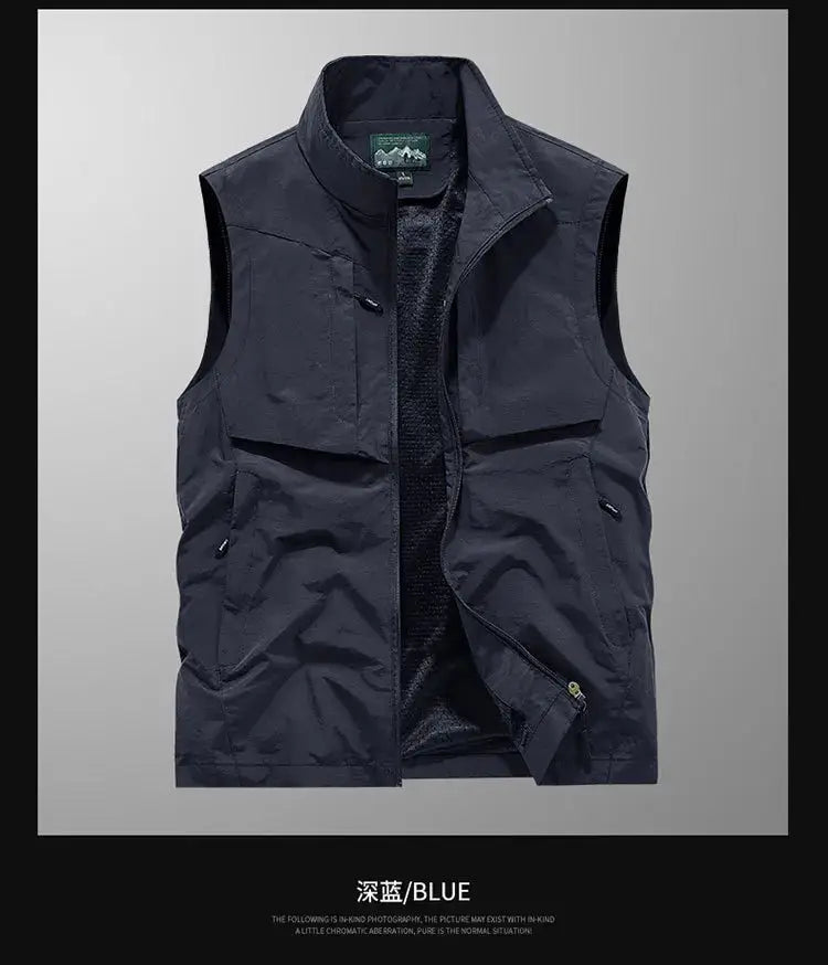 Men's blue outdoor cargo vest with breathable mesh lining and zip pockets