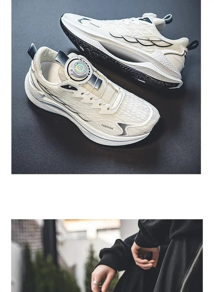 Summer breathable casual sports shoes for men with white mesh upper and rotating buckle.