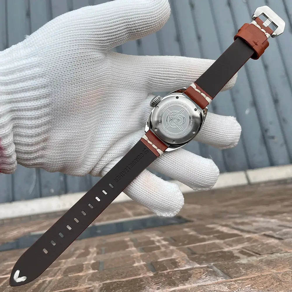 STEELFLIER SF745 luxury quartz wristwatch, unisex, brown genuine leather strap with stainless steel case back