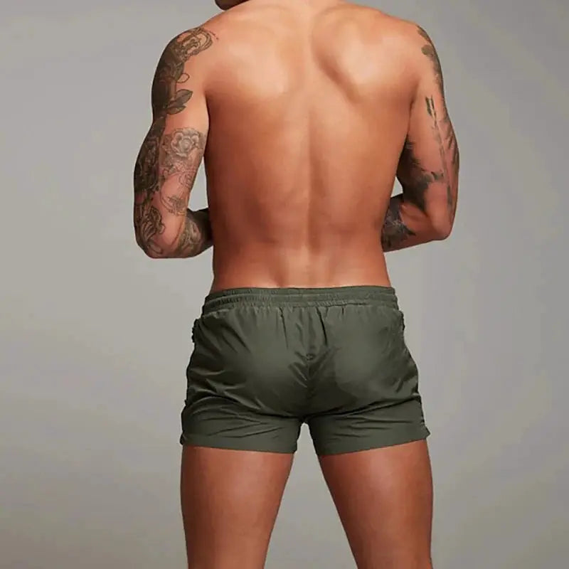 Men's olive green swim trunks, boxer-style beach shorts for summer swimming