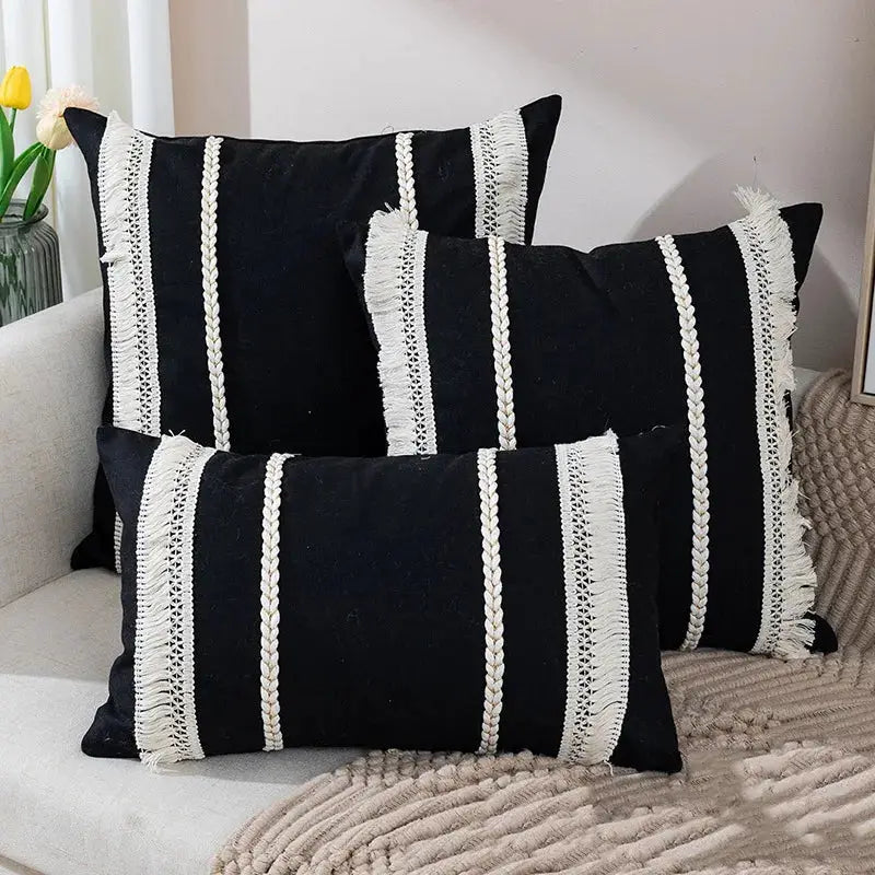 Simples Market Bohemian knitted black pillow covers with white tassel stripes for living room decor; set of 4 cushions.